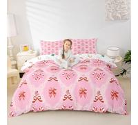 Manfei Christmas Candy Bow Duvet Cover Set Double Size,Pink Xmas Bells Bedding Sets 3Pcs for Kids Girls Boys Adult Room Decor,Stripe Bowknot Quilt Cover Merry Christmas Comforter Cover,2 Pillowcases