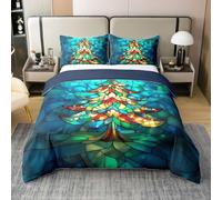 Manfei Christmas Tree 100% Cotton Duvet Cover Set Super King Size,Abstract Bedding Set 3pcs,Blue and Green Quilt Cover,Kids Boys Girls Room Decor,2 Pillowcases,No Comforter