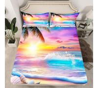Manfei Coastal Scenery Fitted Sheet Single Size 2 Pcs,3D Blue Sea Waves Gradient Sky Sunset Bed Sheet for Kids Teens Adults,Tropical Palm Trees Conch Shell Deep Pocket,1 Pillowcase(No Flat Sheet)