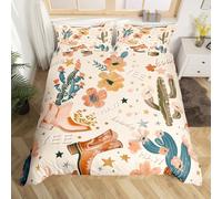 Manfei Cowboy Duvet Cover Set Single Size, Cowboy Boots Bedding Set for Kids Girls Room Decor, Wild West Cactus Flower Cowgirl Comforter Cover, Lightweight Bedspread Cover,1 Pillowcase,No Comforter
