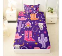 Manfei Cowgirl Fitted Sheet Single Size,Cactus Bull Skull Horseshoe Shoes Hats Bedding Set 2pcs,Boho Style Bed Sheets with 1 Pillowcase,Kids Boys Girls Room Decor,Soft Bedding(No Flat)