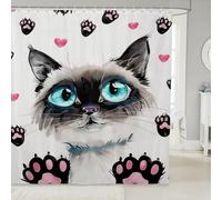 Manfei Cue Cat Shower Curtains Pink Hearts Cat Paws Print Bathroom Curtains,Cartoon Animal Theme Waterproof Bath Curtains with 12 Hooks Suit for Bathtub,Kids Boys Girls Room Decor,72" W x 84" L