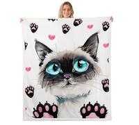 Manfei Cue Cat Throw Blanket Pink Hearts Cat Paws Print Fleece Blanket Cartoon Animal Theme Cozy Throws for Bed Couch Sofa,Kids Boys Girls Room Decor,Soft and Breathable(60 x 80 Inches)