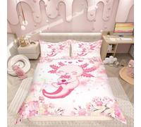 Manfei Cute Axolotl Duvet Cover Set Single Size,Pink Flowers Green Grass Bedding Set 2 pcs, Kawaii Animal Quilt Cover for Kids Teens Adults Room Decor,1 Pillowcase,No Comforter