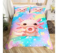 Manfei Cute Axolotl Kids Duvet Cover Set Double Size, Pink Axolotl Donut Bedding Set for Boys Girls Room Decor, Kawaii Animal Comforter Cover, Lightweight Bedspread Cover, 2 Pillowcases, No Comforter
