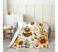 Manfei Cute Bee Flannel Blanket Yellow Sunflower Throw Blanket Wild Floral Wildlife Theme Cozy Throws for Bed Couch Sofa,Kids Boys Girls Room Decor,Soft and Breathable(60 x 80 Inches)