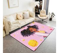 Manfei Cute Black Girl Area Rug Glitter Princess Indoor Floor Mats Entrance Rugs for Kids Boys Girls Room Decor,Stars Hearts Print Non Slip Absorbent Carpets, 6'6" x 4'11" (Rectangular)