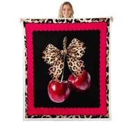 Manfei Cute Bow Cherry Throw Blanket Brown Leopard Bowknot Fleece Blanket Kawaii Fruits Bow Ties Cozy Throws for Bed Couch Sofa,Kids Boys Girls Room Decor,Soft and Breathable(60 x 80 Inches)
