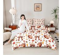 Manfei Cute Bow Football Comforter Set Queen Size,Fall Maple Leaves Pinecone Bedding Set 3pcs,Autumn Theme Down Comforter for All Season,Kids Boys Girls Room Decor,2 Pillowcases,No Sheets
