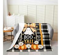 Manfei Cute Bow Ghost Flannel Blanket Fall Pumpkin Flower Throw Blanket Halloween Autumn Theme Cozy Throws for Bed Couch Sofa,Kids Boys Girls Room Decor,Soft and Breathable(90 x 90 Inches)
