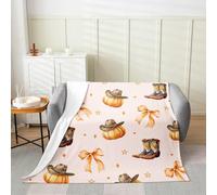 Manfei Cute Bow Pumpkin Flannel Blanket Western Cowboy Boots Hats Throw Blanket Autumn Theme Cozy Throws for Bed Couch Sofa,Kids Boys Girls Room Decor,Soft and Breathable(60 x 80 Inches)