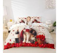 Manfei Cute Cat Duvet Cover Set King Size,Red Rose Flower Hearts Bedding Set 3pcs,Valentine's Day Theme Quilt Cover,Kids Boys Girls Room Decor,2 Pillowcases,No Comforter