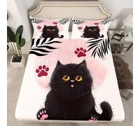 Manfei Cute Cat Fitted Sheet Single Size, Palm Leaves Cat Paw Print Bedding Set 2pcs, Kawaii Animal Theme Bed Cover with 1 Pillowcase, Kids Boys Girls Room Decor, Soft Bedding(No Top Sheet)