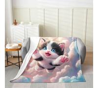 Manfei Cute Cat Flannel Blanket Lovely Kitten Pet Throw Blanket Dreamy Clouds Kawaii Cozy Throws for Bed Couch Sofa,Kids Boys Girls Room Decor,Soft and Breathable(30 x 40 Inches)