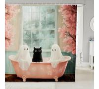 Manfei Cute Cat Ghosts Shower Curtains Pink Flower Bathtub Print Bathroom Curtains, Halloween Theme Waterproof Bath Curtains with 12 Hooks Suits for Bathtub, Kids Girls Room Decor, 72" W x 72" L