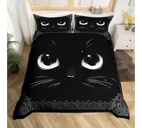 Manfei Cute Cat Kids Duvet Cover Set Double Size, Black Bohemian Mandala Comforter Cover, Cartoon Animal Bedding Set for Boys Girl Bedroom Decor, Lightweight Bedspread Cover,2 Pillowcases,No Comforter