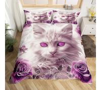 Manfei Cute Cat Kids Duvet Cover Set Single Size, Purple Rose Flower Bedding Set for Boys Girls Adults Bedroom Decor, Floral Kitty Print Comforter Cover, Soft Polyester Quilt Cover, 1 Pillowcase