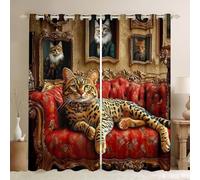 Manfei Cute Cat Kids Window Curtains,Leopard Cat Cheetah Animal Noble Window Drapes for Girls Boys,Rose Flowers Vintage Red Black Fashion Window Treatments Grommet Top 2 Panel Set,52Wx90L inch