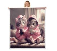 Manfei Cute Cat Throw Blanket Sweet Cat Couple Fleece Blanket Valentine's Day Cozy Throws for Bed Couch Sofa,Kids Boys Girls Room Decor,Soft and Breathable(60 x 80 Inches)