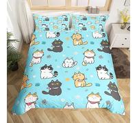 Manfei Cute Cats Duvet Cover Set Double Size, Cartoon Animal Theme Bedding Set 3pcs for Kids Boys Girls Bedroom Decor, Cute Cat Paw Print Comforter Cover Fashion Blue Quilt Cover with 2 Pillowcases