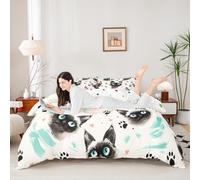 Manfei Cute Cats Duvet Cover Set King Size,Cartoon Animal Theme Bedding Set 3pcs,Pink Heart Black Paw Print Quilt Cover,Kids Boys Girls Room Decor,2 Pillowcases,No Comforter
