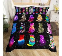 Manfei Cute Cats Duvet Cover Set Single Size, Cartoon Animal Theme Comforter Cover with 1 Pillowcase, Black Starry Sky Bedding Set 2pcs for Kids Boys Girls Bedroom Decor Galaxy Cats Bedspread Cover