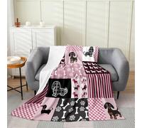 Manfei Cute Dachshund Flannel Blanket,Pink Paw Bone Pattern Grid Blanket for Children Present,Geometric Patchwork Plaid Throw Blanket for Couch,Twin Size (60 x 80 Inch)
