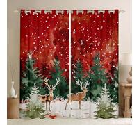 Manfei Cute Deer Window Curtains Watercolor Green Jungle Pine Trees Window Drapes for Kids Teens Adults White Snow Rustic Farmhouse Style Curtains for Living Room 2 Panels 66Wx90L