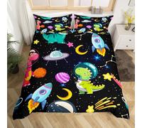 Manfei Cute Dinosaur Duvet Cover Set Double Size, Outer Space Rocket Planet Bedding Set for Kids Girls Room Decor, Cartoon Animal Comforter Cover, Soft Polyester Quilt Cover,2 Pillowcases,No Comforter