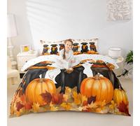 Manfei Cute Dogs Duvet Cover Set Double Size,Fall Pumpkins Maple Leaves Bedding Set 3pcs,Autumn Harvest Theme Quilt Cover,Kids Boys Girls Room Decor,2 Pillowcases,No Comforter