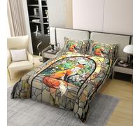 Manfei Cute Fox 100% Cotton Duvet Cover Set Double Size,Abstract Geometric Flower Leaf Bedding Set 3pcs,Wild Animal Theme Quilt Cover,Kids Boys Girls Room Decor,2 Pillowcases,No Comforter