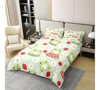 Manfei Cute Frog 100% Cotton Duvet Cover Set Double Size,Strawberry Mushroom Flower Bedding Set 3pcs,Cartoon Animals Theme Quilt Cover,Kids Boys Girls Room Decor,2 Pillowcases,No Comforter
