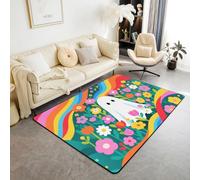 Manfei Cute Ghost Area Rug Watercolor Floral Wavy Stripe Indoor Floor Mats Entrance Rugs for Kids Boys Girls Room Decor,Halloween Cartoon Non Slip Absorbent Carpets, 6'6" x 4'11" (Rectangular)