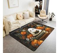 Manfei Cute Ghost Area Rug Watercolor Flower Pumpkins Indoor Floor Mats Entrance Rugs for Kids Boys Girls Room Decor,Halloween Theme Fall Non Slip Absorbent Carpets, 4'11" x 3'3" (Rectangular)