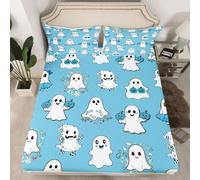 Manfei Cute Ghost Kids Fitted Sheet Double Size, Halloween Theme Blue Bedding Set for Boys Girls Room Decor, Pumpkin Lantern Floral Ghosts Bed Cover, Soft Polyester Bedding, 2 Pillowcases
