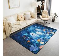 Manfei Cute Ghosts Area Rug Watercolor Flower Indoor Floor Mats Entrance Rugs for Boys Girls Room Decor,Halloween Theme Blue Non Slip Absorbent Carpets, 6'6" x 4'11" (Rectangular)