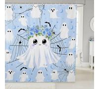 Manfei Cute Ghosts Shower Curtains Halloween Blue Flower Ghost Bathroom Curtains,Black Spider Web Bat Waterproof Bath Curtains with 12 Hooks Suit for Bathtub,Kids Boys Girls Room Decor,72" W x 72" L