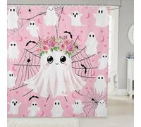 Manfei Cute Ghosts Shower Curtains Halloween Pink Flower Ghost Bathroom Curtains,Black Spider Web Bat Waterproof Bath Curtains with 12 Hooks Suit for Bathtub,Kids Boys Girls Room Decor,72" W x 72" L