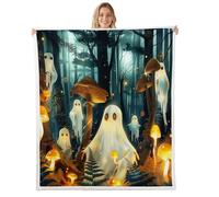 Manfei Cute Ghosts Throw Blanket Mushroom Trees Print Bed Blanket for Kids Boys Girls Room Decor, Halloween Theme Blanket for Couch Sofa, Soft and Breathable Fleece Blanket(90 x 90 Inches)