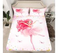 Manfei Cute Girl Fitted Sheet Single Size, Pink Dragonfly Flower Print Bedding Set for Kid Princess, Kawaii Ballerina Dance Bed Cover with 1 Pillowcase, Soft Polyester Bedding, No Top Sheet