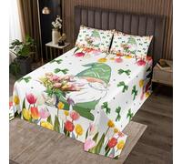 Manfei Cute Gnome Bedspread Single Size,Watercolor Tulip Bedding Sets 2Pcs for Kids Girls Boys Room Decor,Green Bow Print Comforter Set Spring Flowers Quilt Coverlet,1 Pillowcase