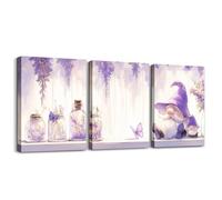 Manfei Cute Gnome Canvas Wall Art Set Of 3 Pieces, Lavender Floral Wall Decor Prints Home Artwork for Living Room Bedroom Decorative, Purple Flower Butterfly Wall Hanging, Kids Boys Girls Room Decor