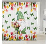 Manfei Cute Gnome Shower Curtain Set,Watercolor Tulip Bathroom Curtain,Kids Girls Teens Green Bow Print Waterproof Fabrics Spring Flowers Bathroom Decor with 12 Hooks,72" W x 72" L