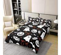 Manfei Cute Halloween 100% Cotton Duvet Cover Set Single Size,White Ghosts Pumpkins Bats Bedding Set 2pcs,Orange Bowknot Quilt Cover,Kids Boys Girls Room Decor,1 Pillowcase,No Comforter