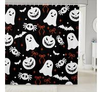 Manfei Cute Halloween Shower Curtains White Ghosts Pumpkins Bats Bathroom Curtains,Orange Bowknot Waterproof Bath Curtains with 12 Hooks Suit for Bathtub,Kids Boys Girls Room Decor,72" W x 78" L