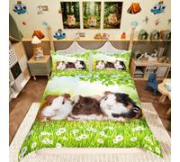 Manfei Cute Hamster Duvet Cover Set Double Size,White Daisy Flowers Green Grass Bedding Set 3 pcs,Animals Plants Quilt Cover for Kids Teens Adults Room Decor,2 Pillowcases,No Comforter