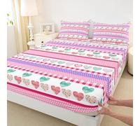 Manfei Cute Hearts Fitted Sheet Single Size,Geometric Plaid Stripes Patchwork Bedding Set 2pcs,Pink Green Purple Bed Sheets with 1 Pillowcase,Kids Girls Room Decor,Soft Bedding(No Flat)