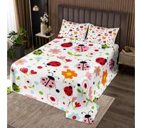 Manfei Cute Ladybug Bedspread Double Size,Watercolor Flower Coverlet Set 3pcs,Cartoon Ladybird Floral Quilted Coverlet with 2 Pillowcases,Kids Boys Room Decor,Soft Bedding Quilt