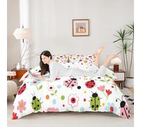 Manfei Cute Ladybug Duvet Cover Set Double Size,Watercolor Flower Bedding Set 3pcs,Cartoon Ladybird Floral Quilt Cover,Kids Boys Girls Room Decor,2 Pillowcases,No Comforter