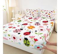 Manfei Cute Ladybug Fitted Sheet Single Size,Watercolor Flower Bedding Set 2pcs,Cartoon Ladybird Floral Bed Cover with 1 Pillowcase,Kids Boys Girls Room Decor,Soft Bedding(No Flat)